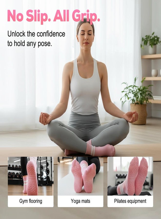 ElaraFit 4 Pack Pilates Grip Socks for Women with Grips Non Slip Yoga Socks for Pilates Reformer Barre Ballet Sticky Grippy Ankle Crew Socks Pink Black White Grey - Image 2